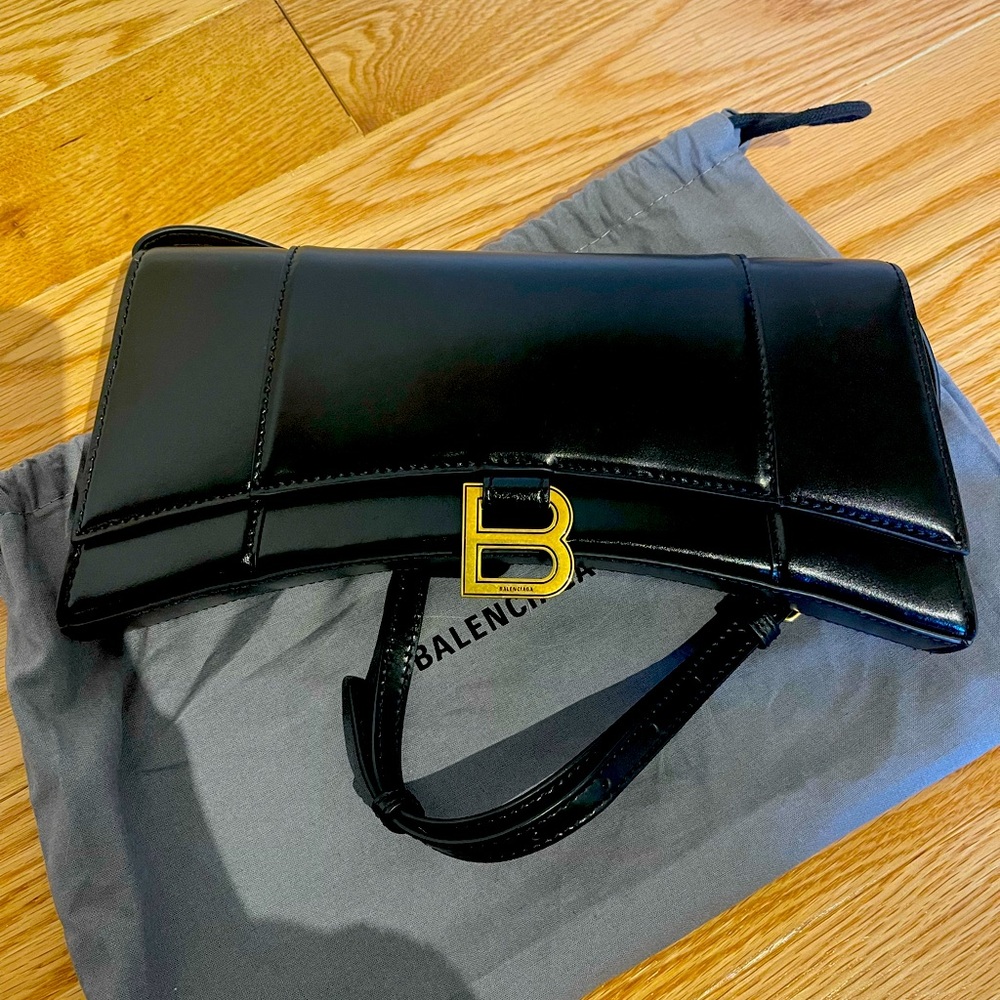Balenciaga Hourglass Black Calf Leather Gold Tone Hardware Ladies Shoulder Bag